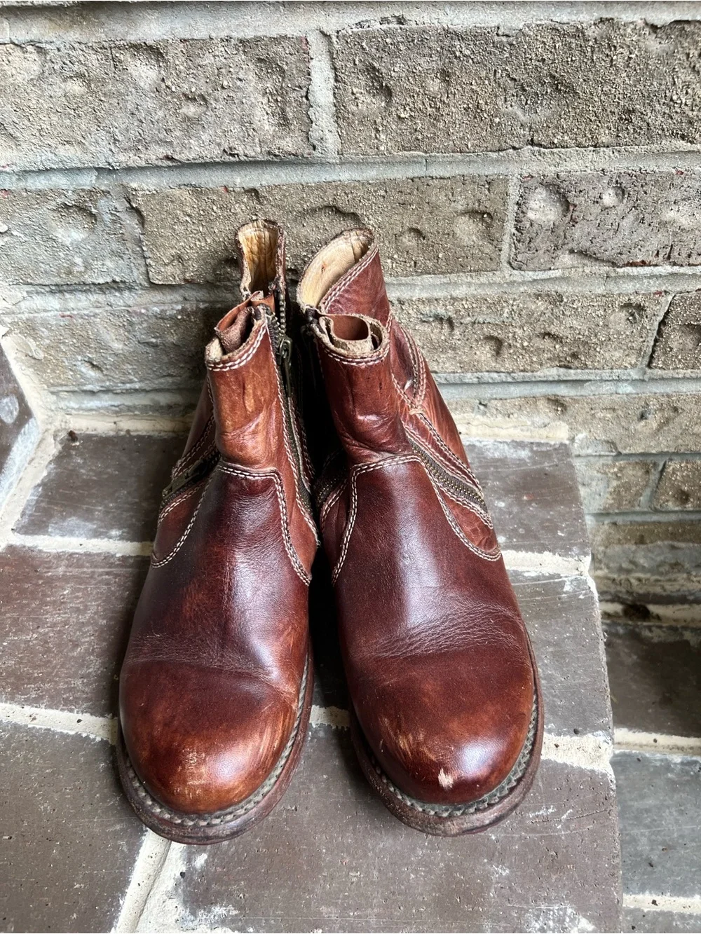 Bed Stu Cognac Leather Side-Zip Ankle Boots